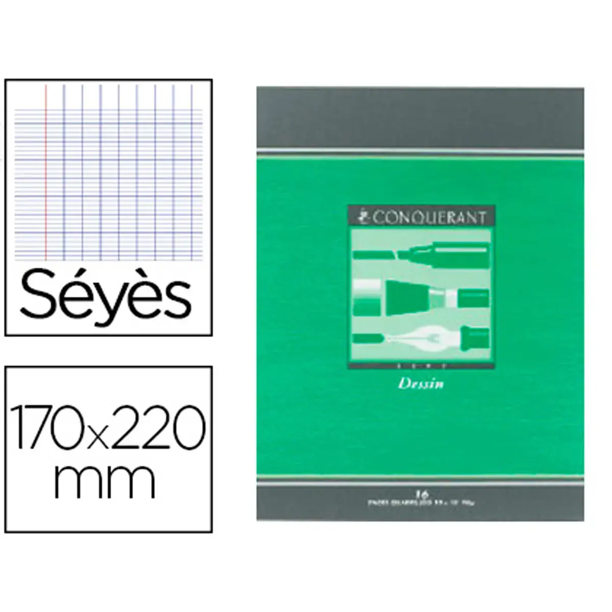Cahier de dessin piqûre Seyès - A5+ 90 g - 16 pages - Vert - Conquérant photo du produit
