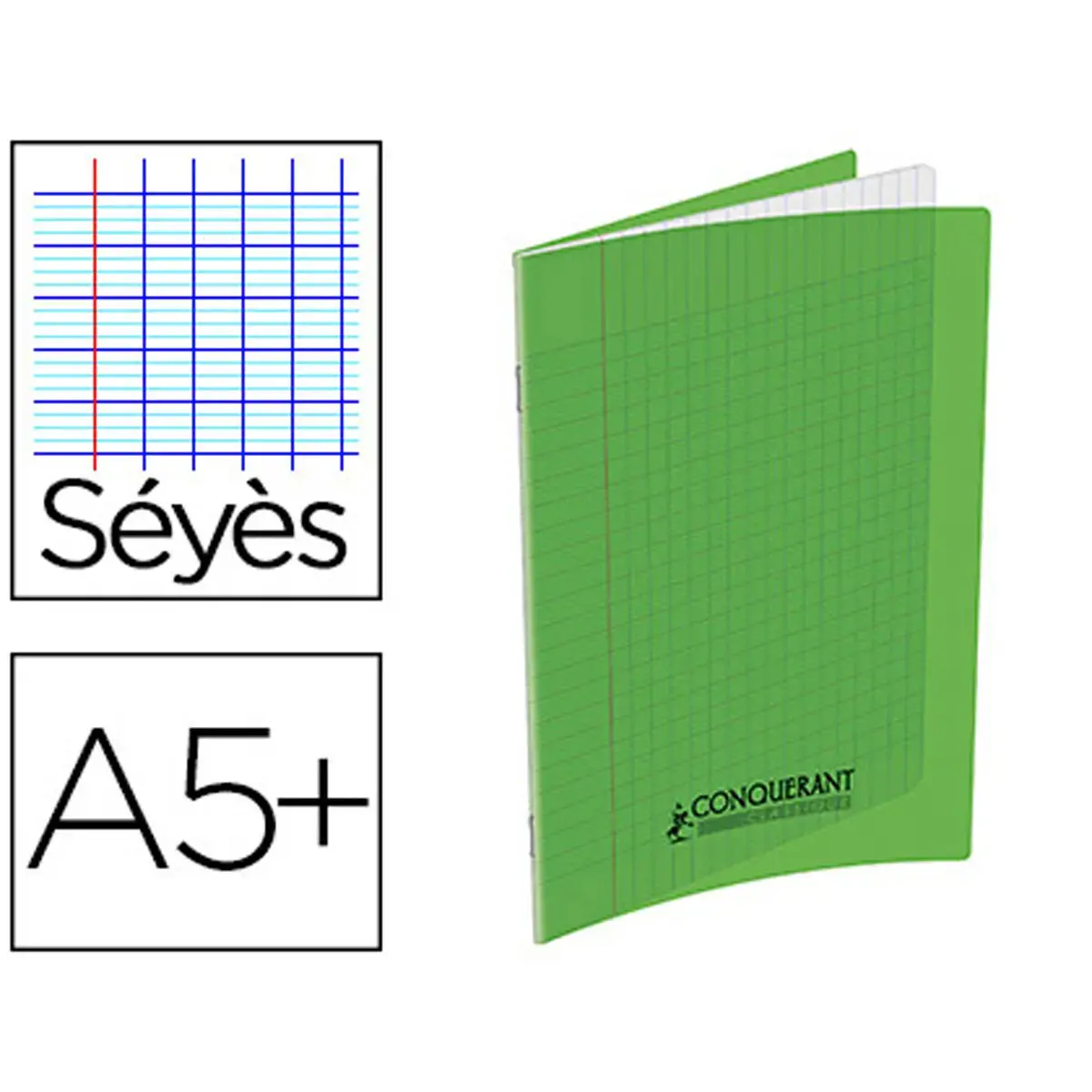Cahier polypropylène piqûre Seyès - A5+ 90g - 140 pages - Vert - Conquérant photo du produit