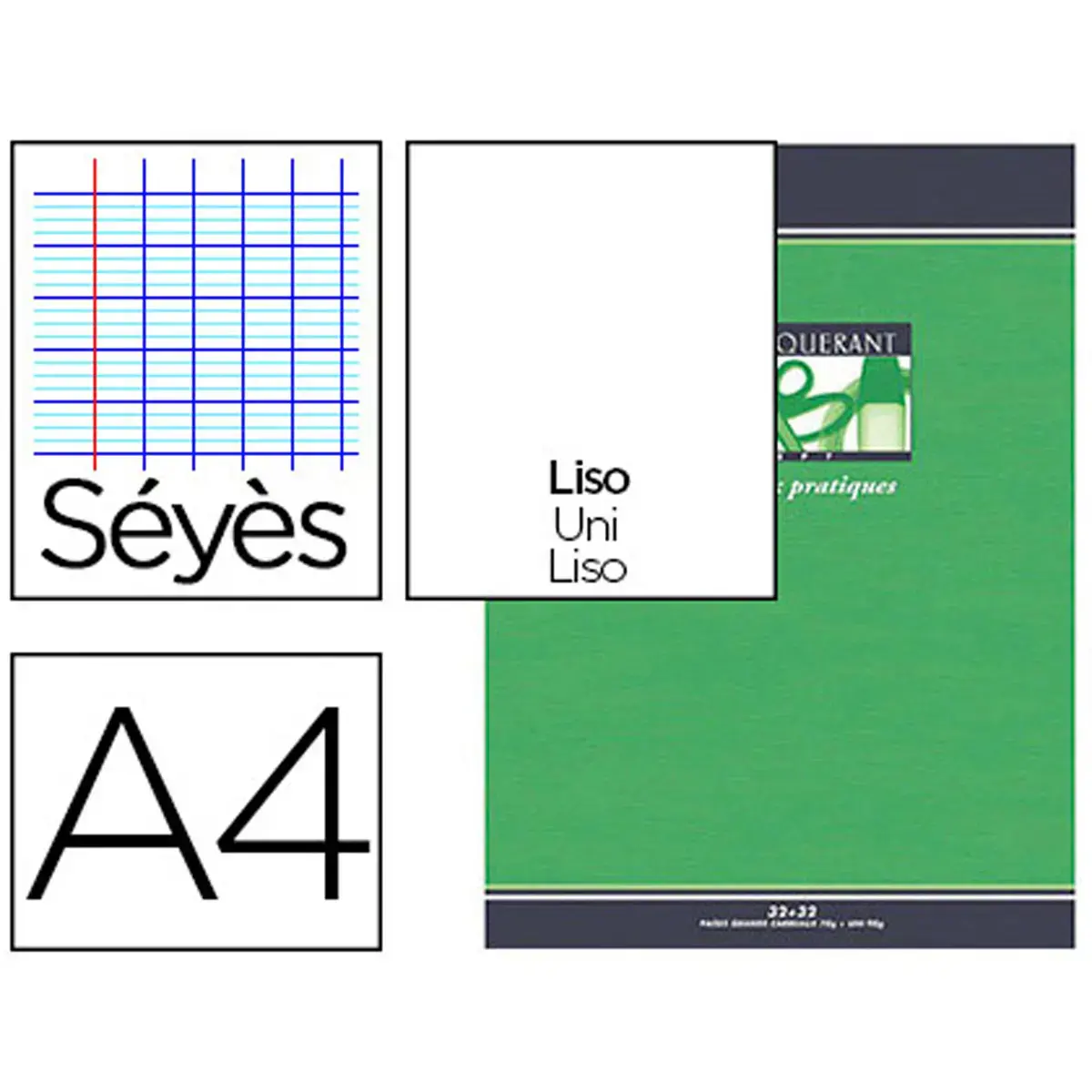 Cahier travaux pratiques piq&ucirc;re Sey&egrave;s/Unie - A4 70 g - 64 pages - Vert/gris - Conqu&eacute;rant photo du produit