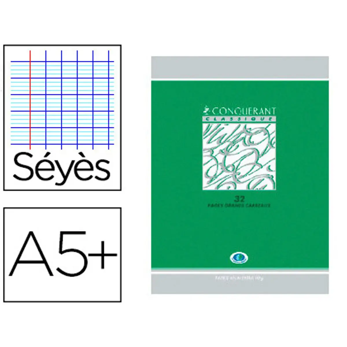 Cahier devoirs piq&ucirc;re Sey&egrave;s - A5+ 90g - 32 pages - Vert/gris - Conqu&eacute;rant photo du produit