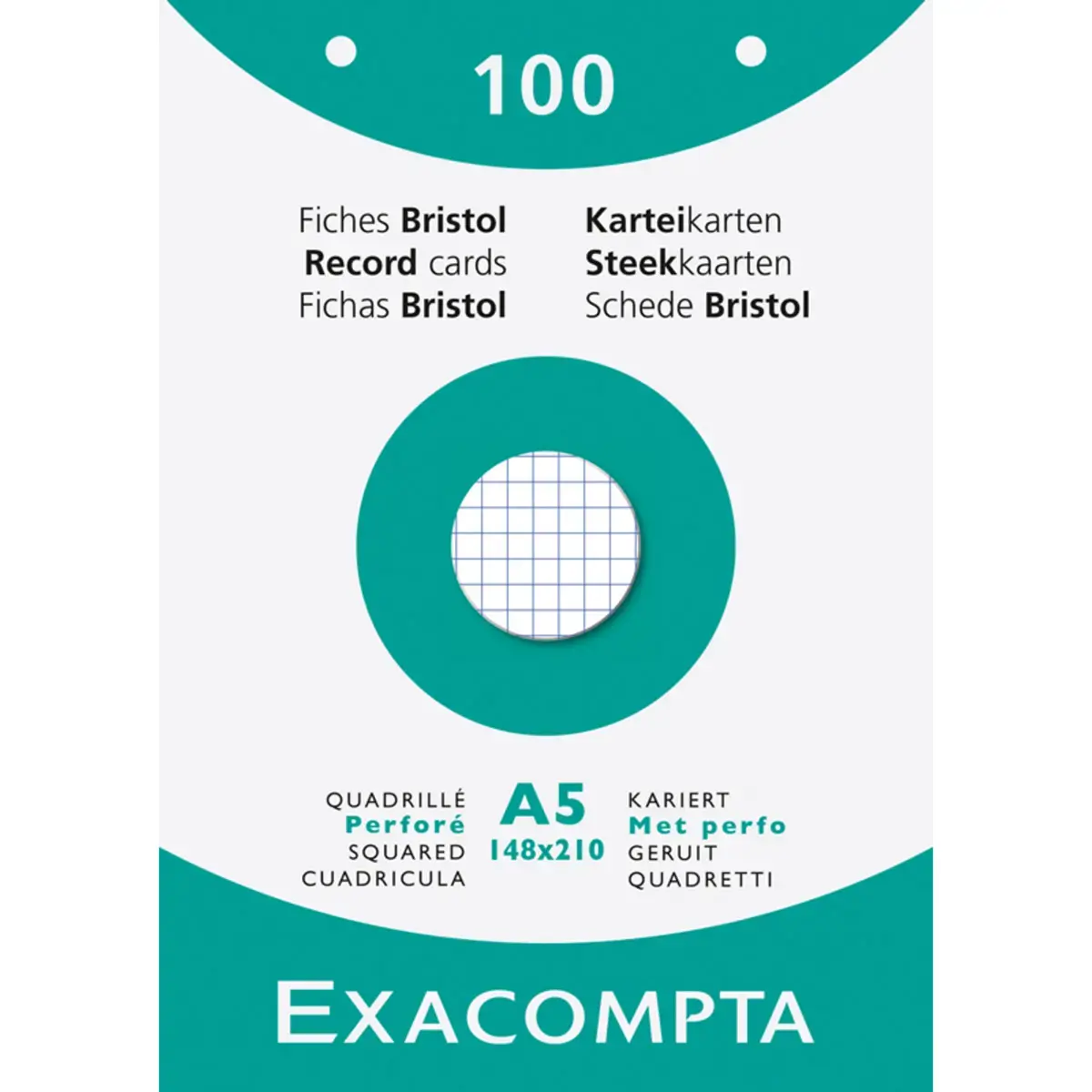 Étui de 100 fiches bristol quadrillé 5x5 perforé 148x210mm - Exacompta photo du produit