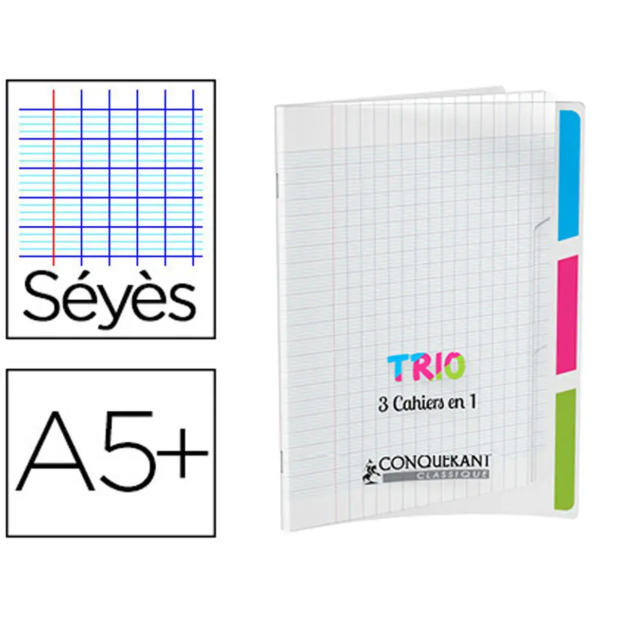 Cahier agrafe trio 3en1 polypropylene a5+ 17x22cm 96 pages - Conquerant photo du produit