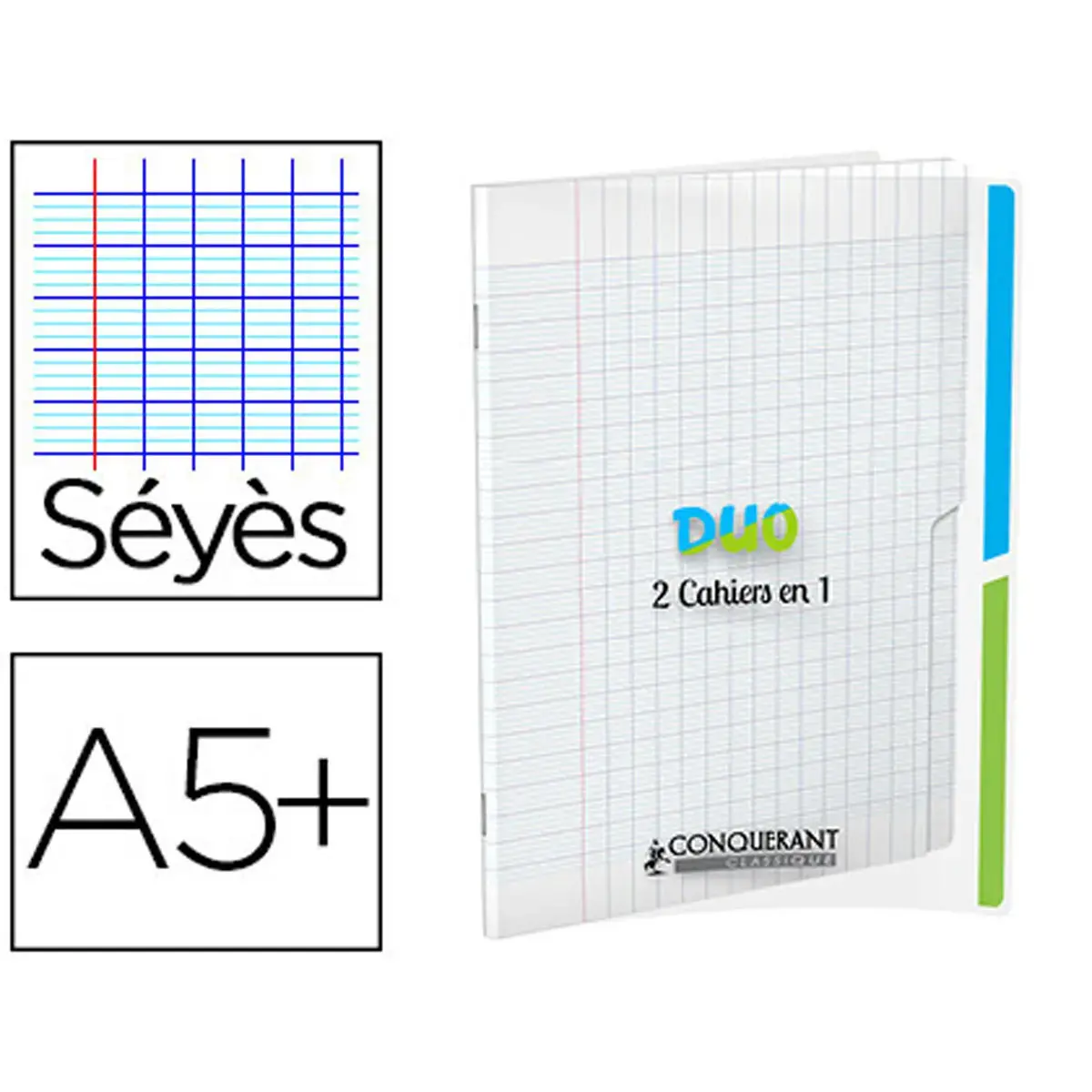 Cahier Duo 2 en 1 agrafé Seyès - A5+ - 96 pages - Incolore - Conquérant photo du produit