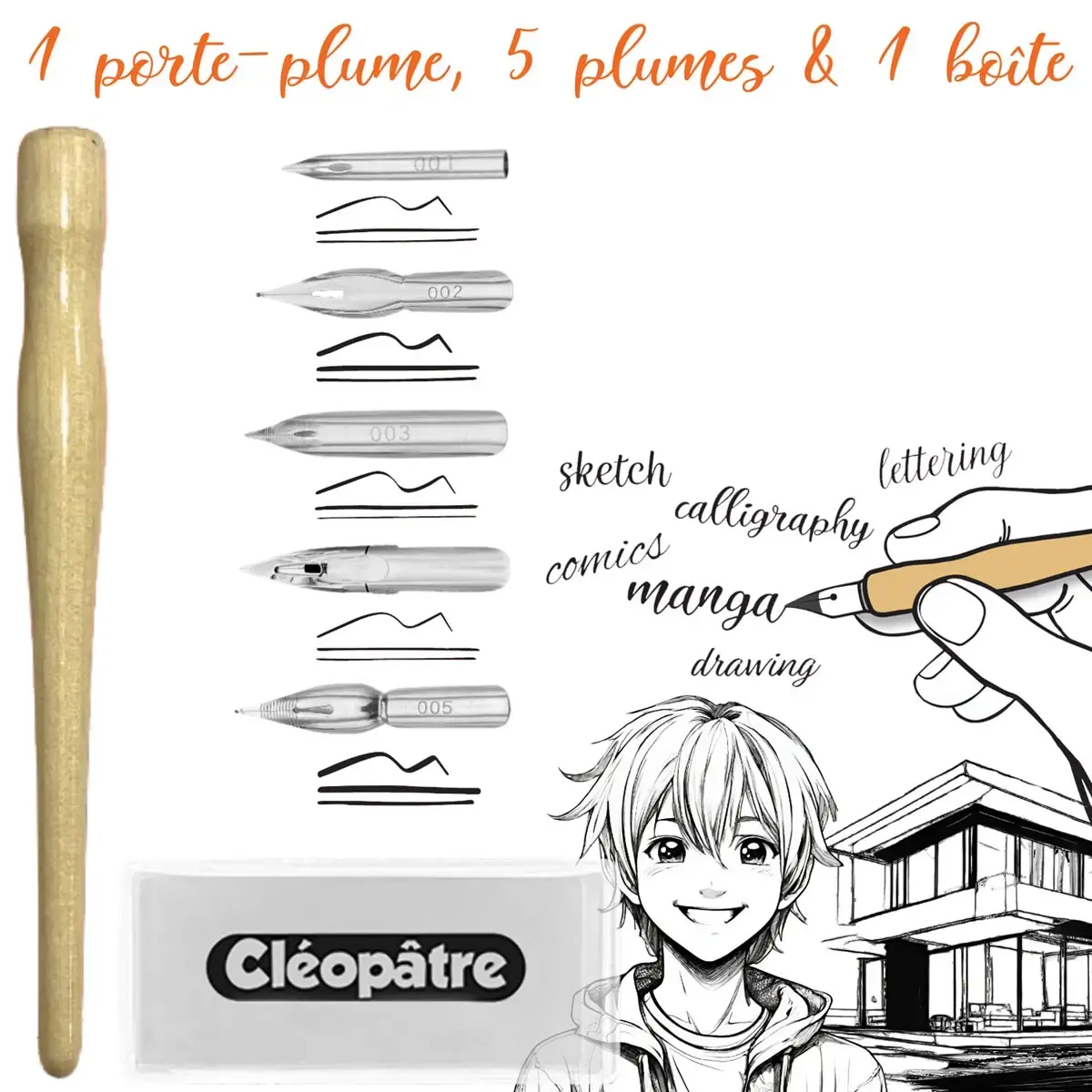 SET DE CALLIGRAPHIE ET DE DESSIN - 1 PORTE-PLUME + 5 PLUMES photo du produit