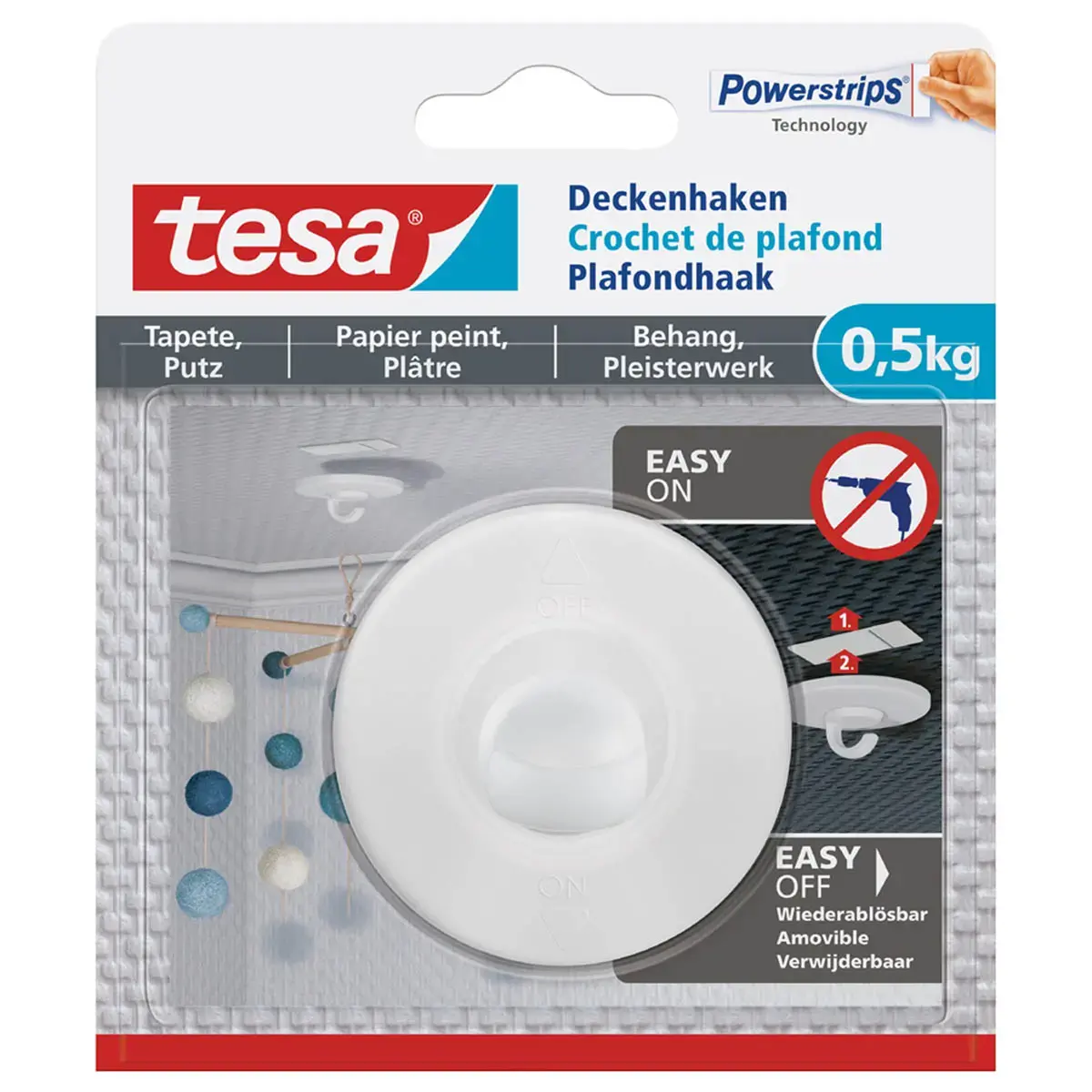 Crochet fixation plafond, 0,5 kg - Tesa photo du produit