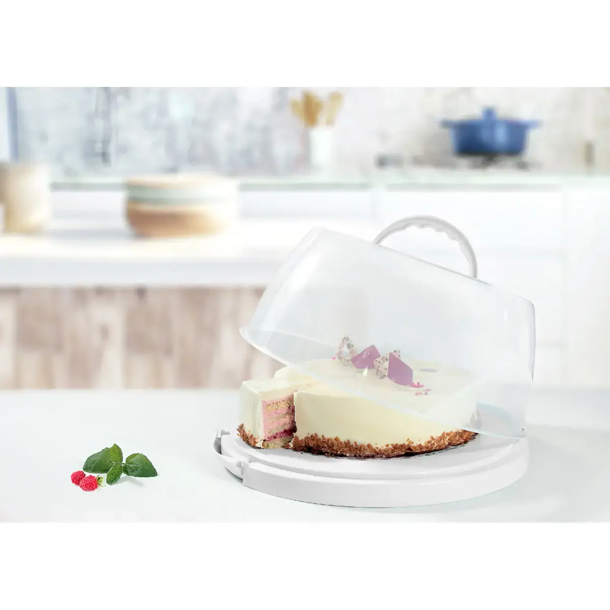 Plat & cloche &agrave; g&acirc;teau, rond, transparent/blanc - Plast Team photo du produit
