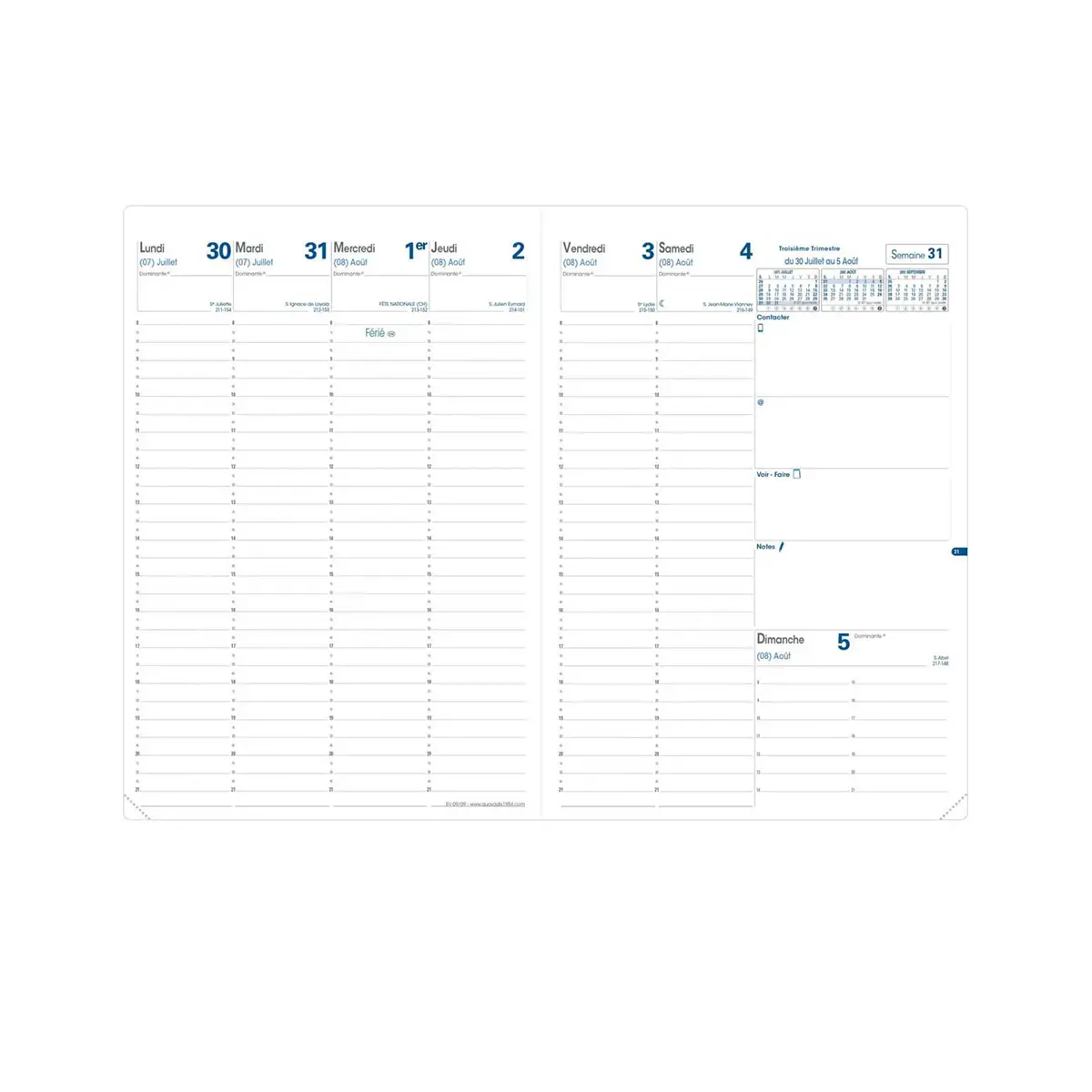 Agenda année scolaire avec répertoire 2026-2027 Eu 09/09 - Semainier Planning Français - Club Bleu clair - 13 mois de août à août - 21x29,7 cm - Quo Vadis photo du produit