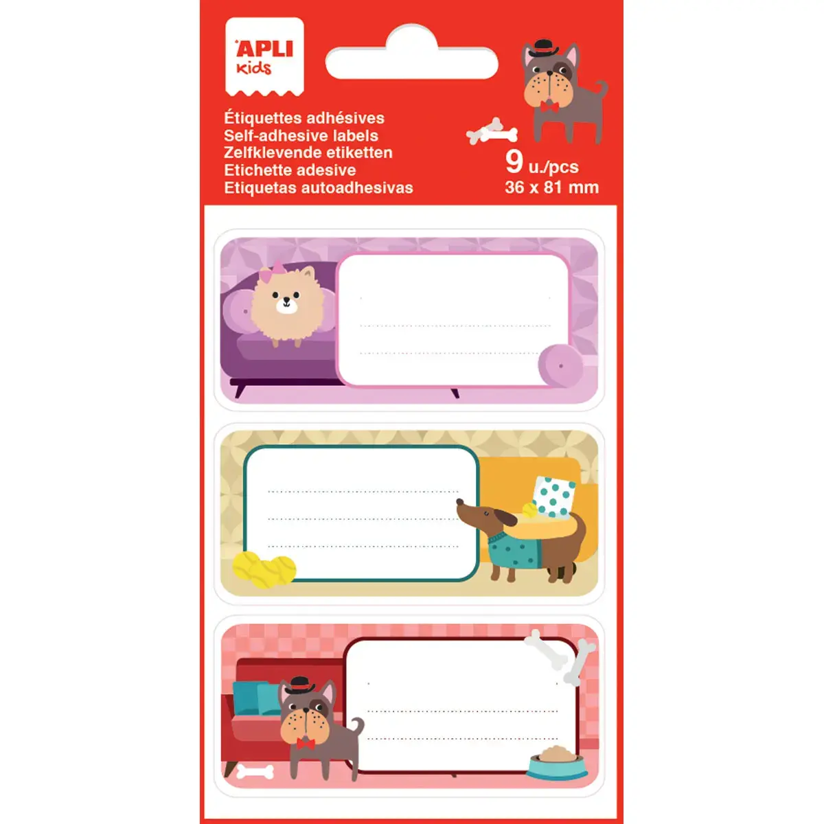 &Eacute;tiquettes scolaires chiens mignons - 3 motifs - 9 unit&eacute;s - Apli photo du produit