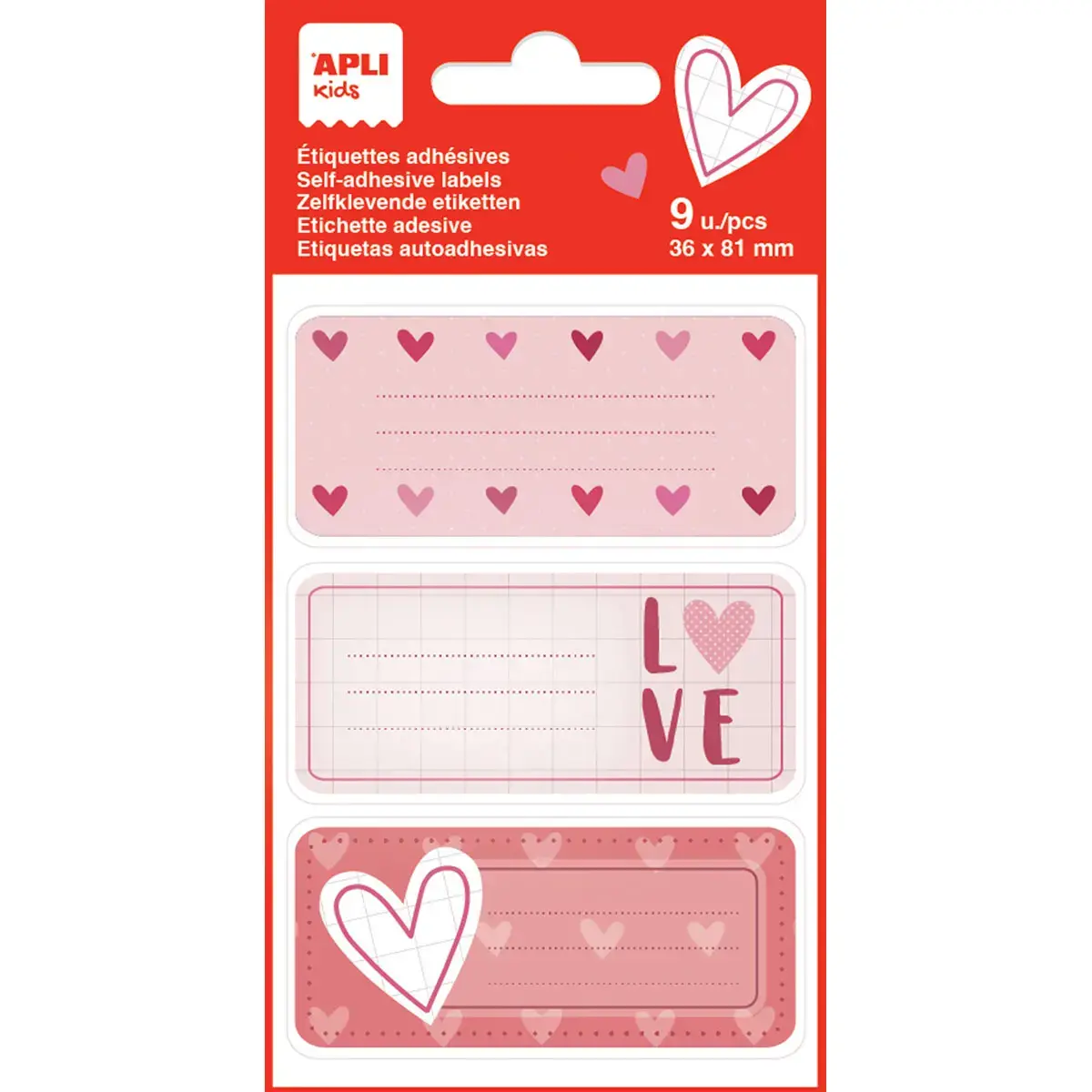 &Eacute;tiquettes scolaires c&oelig;urs - 3 motifs - 9 unit&eacute;s - Apli photo du produit