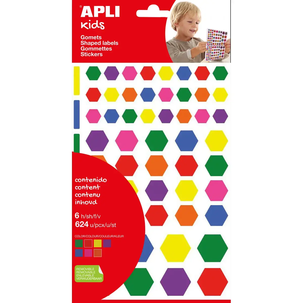 Gommettes hexagonales enlevables couleurs assorties 6 feuilles - Apli photo du produit